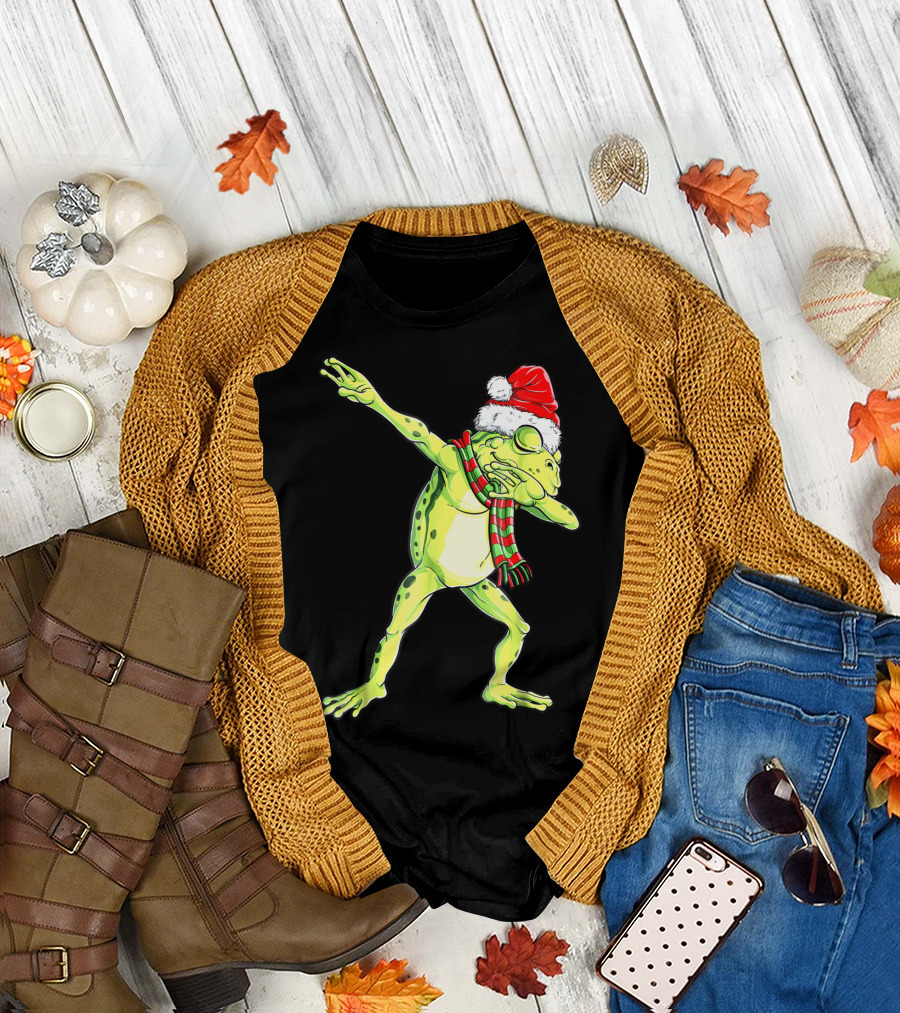Dabbing Frog with Santa Hat and Scarf Christmas T-Shirt
