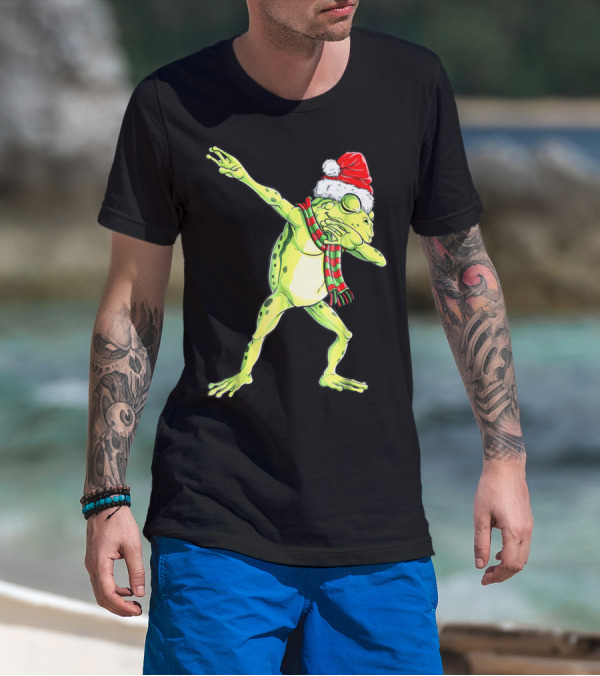 Dabbing Frog With Santa Hat And Scarf Christmas T-Shirt