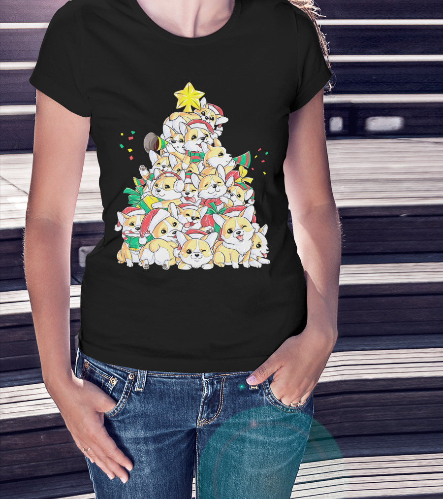 Corgi Christmas Merry Corgmas Xmas Tree Santa Hats T-Shirt