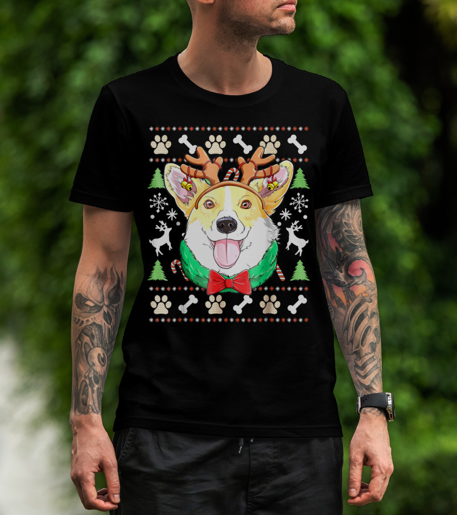 Corgi Christmas Reindeer Antlers Dog Ugly Sweater Xmas Girls T-Shirt