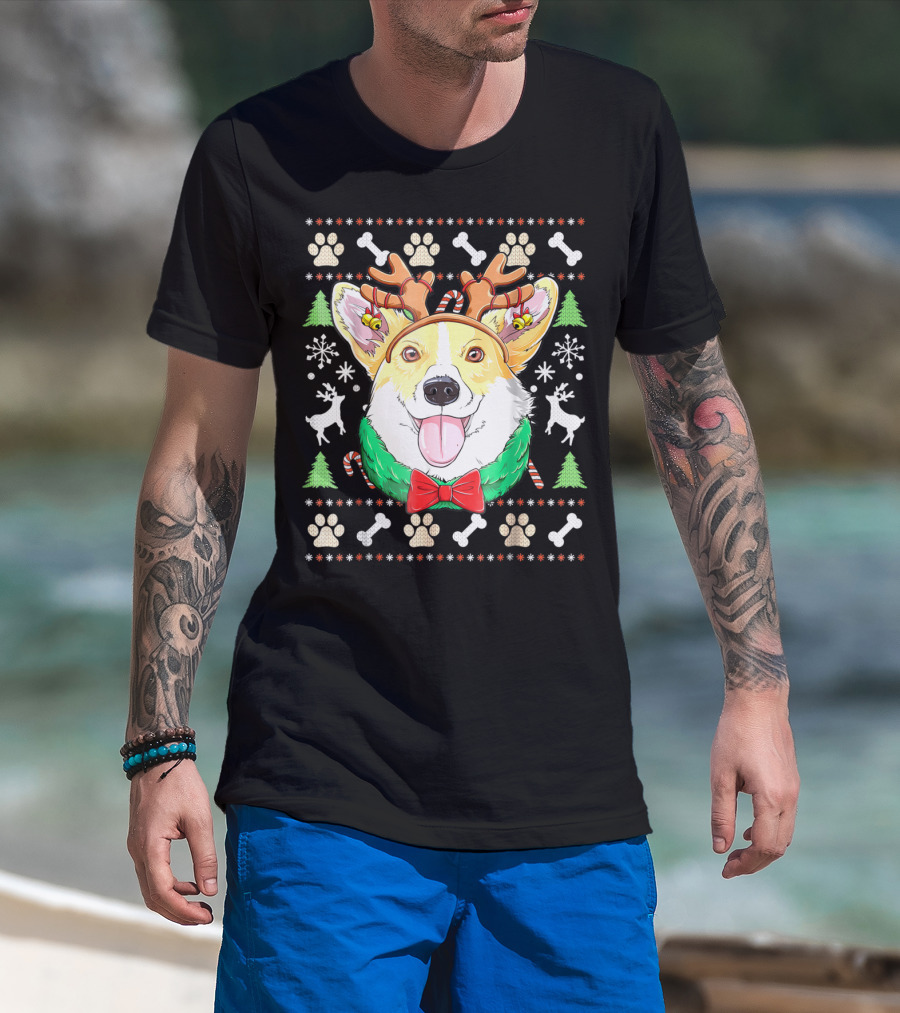 Corgi Christmas Reindeer Antlers Dog Ugly Sweater Xmas Girls T-Shirt