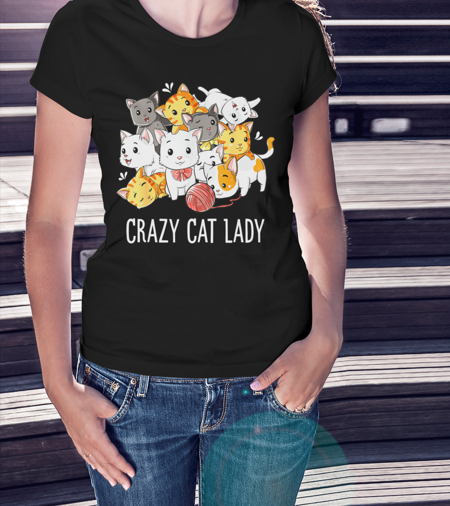 Crazy Cat Lady Funny Cats Kitty Kitten Meme With Playful Yarn Ball T-Shirt