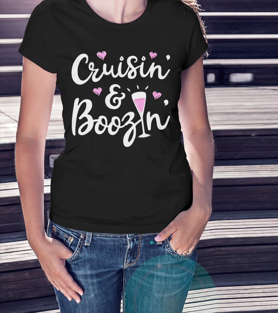 Cruisin And Boozin Funny Cruise Ship Cruising Drinking Hearts Pink Cocktail T-Shirt