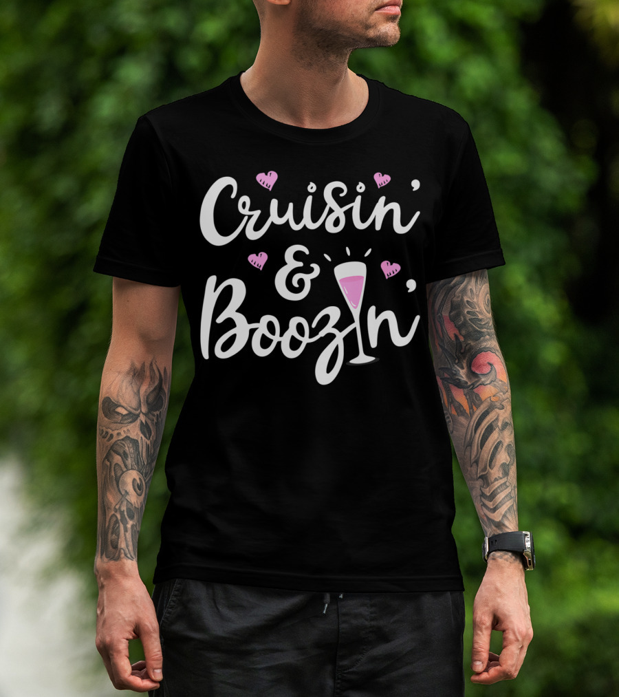 Cruisin And Boozin Funny Cruise Ship Cruising Drinking Hearts Pink Cocktail T-Shirt