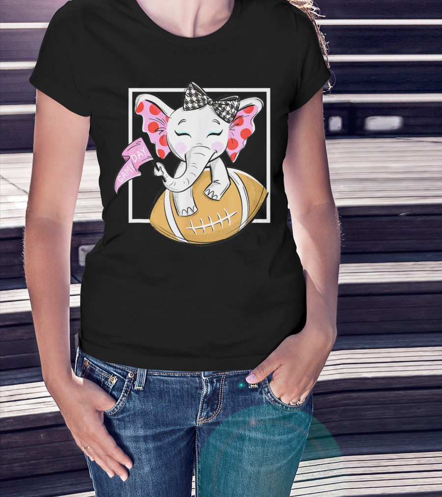 Game Day Elephant With Pink Flag And Houndstooth Bow On Football For Women And Girls Football T-Shirt
