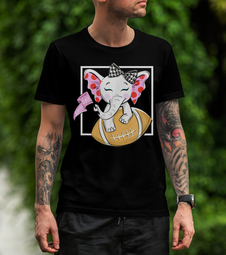 Game Day Elephant With Pink Flag And Houndstooth Bow On Football For Women And Girls Football T-Shirt