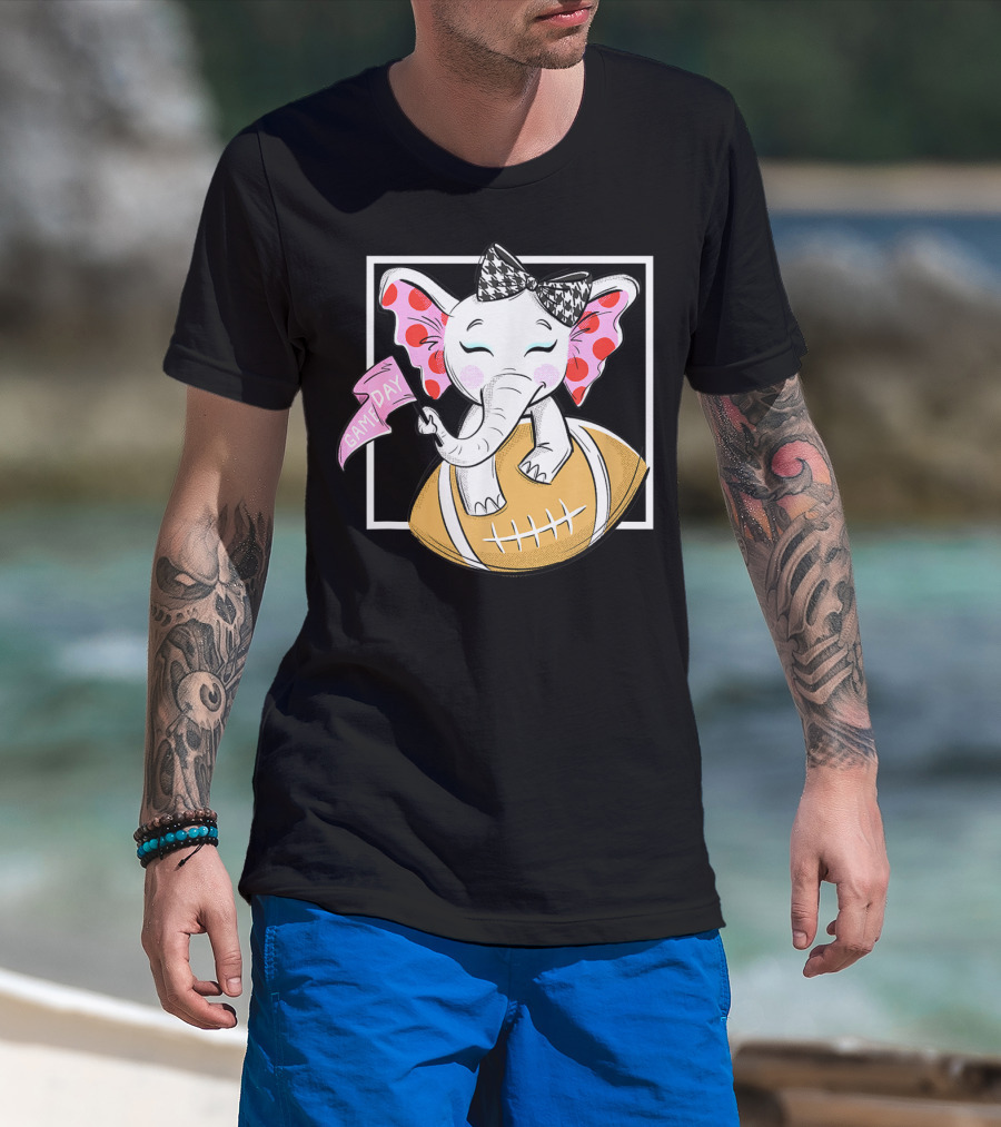Game Day Elephant With Pink Flag And Houndstooth Bow On Football For Women And Girls Football T-Shirt