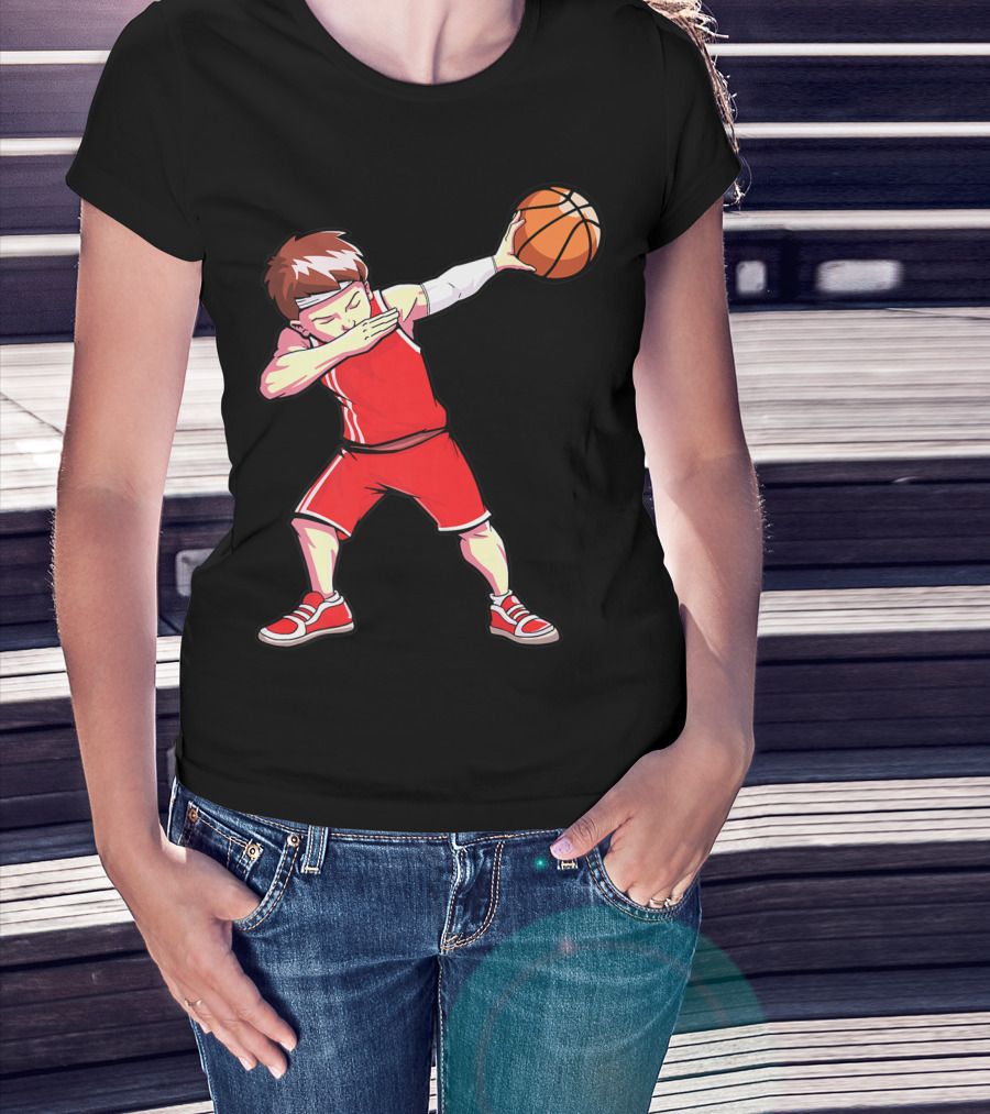 Dabbing Basketball Boy Dab Dance Player In Red Uniform Holding Ball T-Shirt