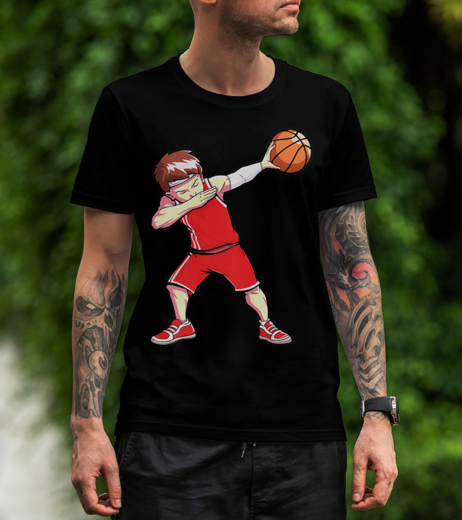 Dabbing Basketball Boy Dab Dance Player In Red Uniform Holding Ball T-Shirt