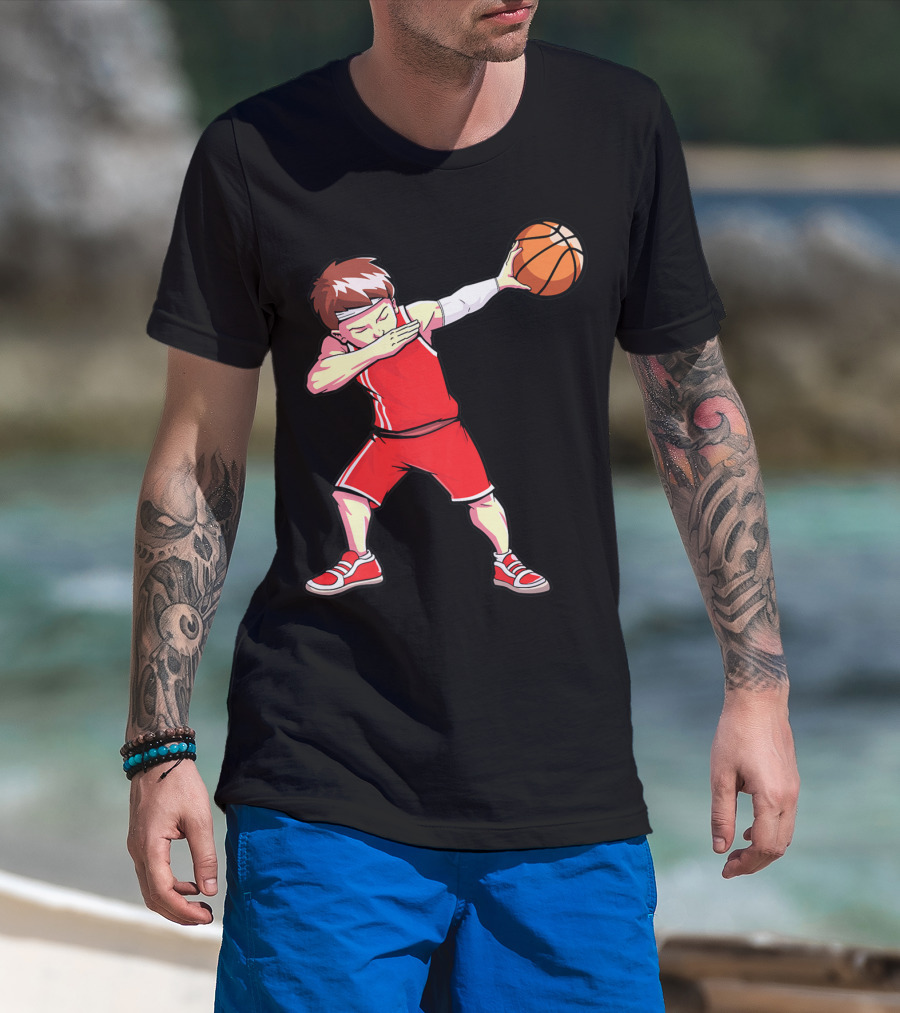 Dabbing Basketball Boy Dab Dance Player In Red Uniform Holding Ball T-Shirt