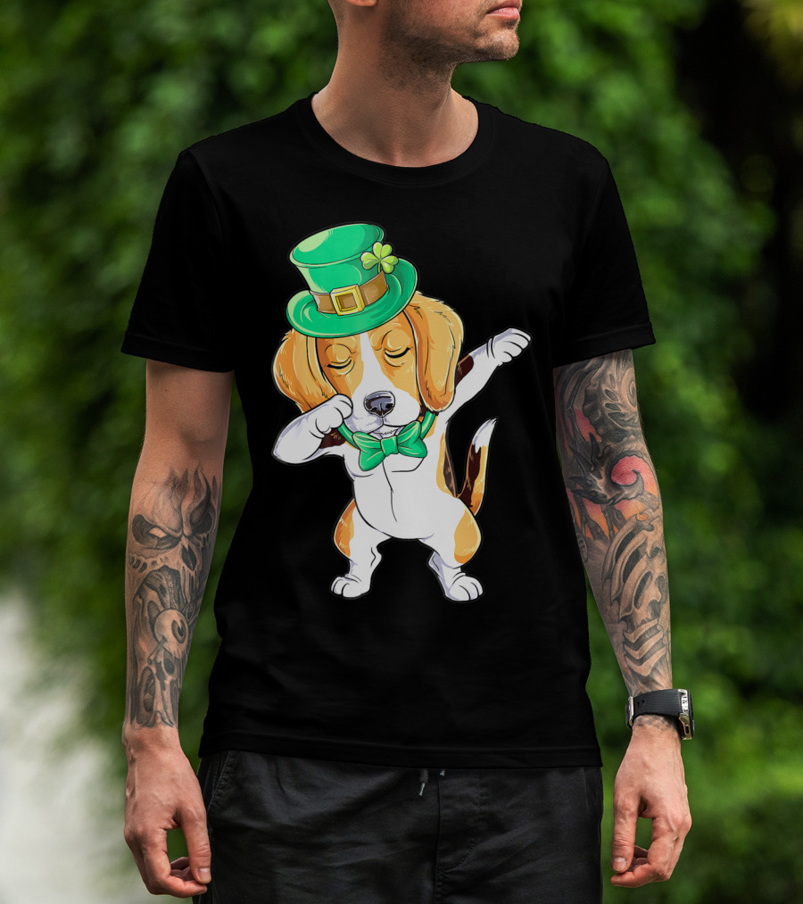Dabbing Beagle In St Patricks Day Leprechaun Hat And Bowtie T-Shirt