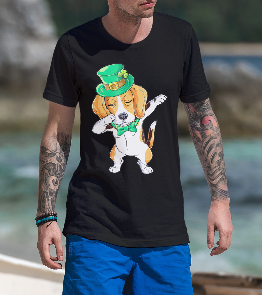 Dabbing Beagle In St Patricks Day Leprechaun Hat And Bowtie T-Shirt