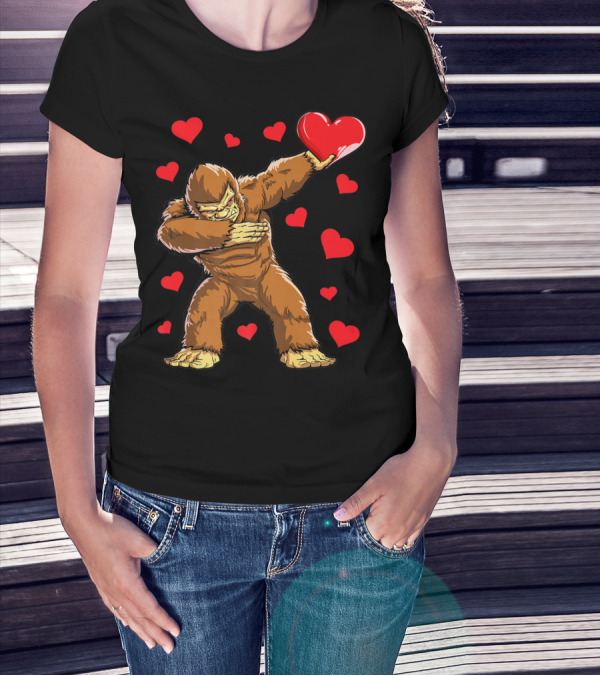 Dabbing Bigfoot With Heart Valentine's Day Boys Men Love T-Shirt