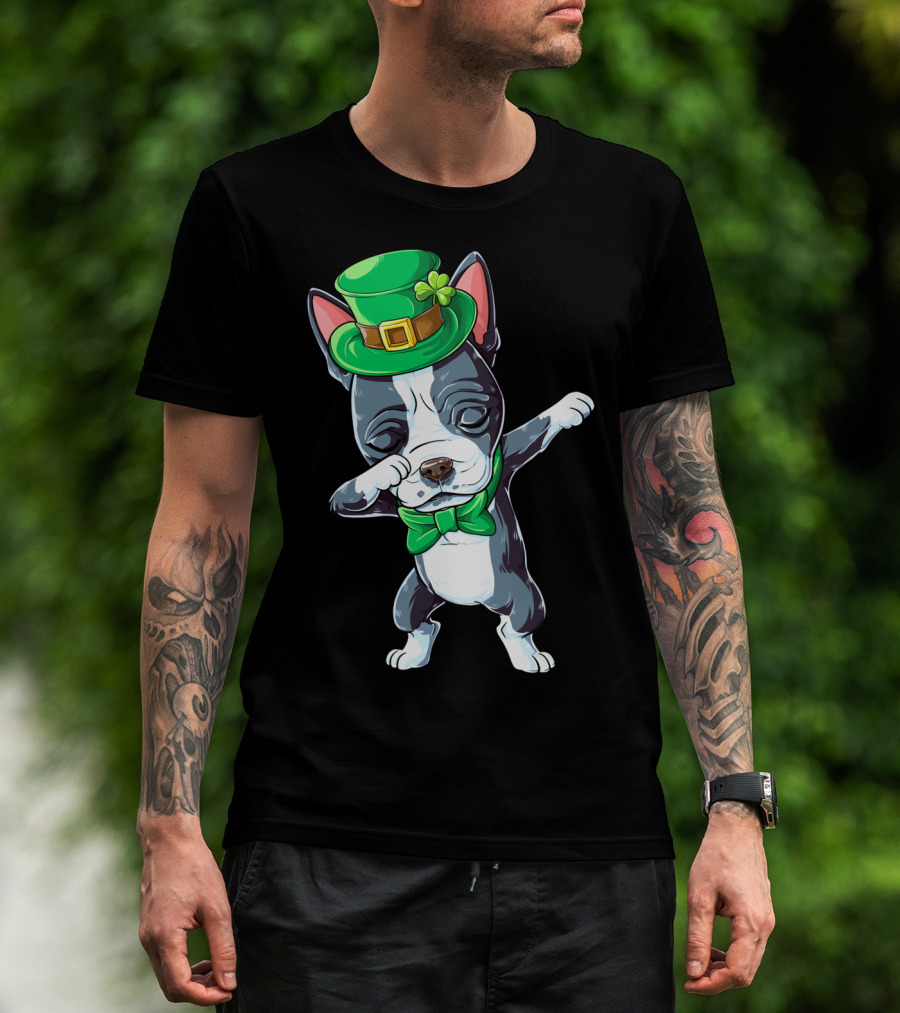 Dabbing Boston Terrier St Patricks Day Leprechaun Green Hat Bow Tie T-Shirt
