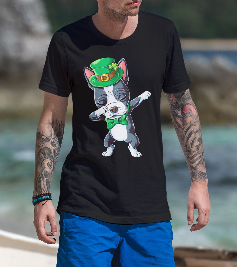 Dabbing Boston Terrier St Patricks Day Leprechaun Green Hat Bow Tie T-Shirt