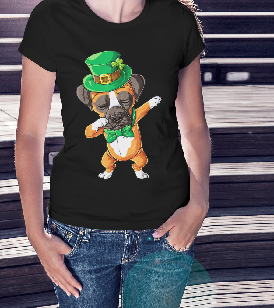 St Patricks Day Dabbing Leprechaun Boxer Dog Boys T-Shirt