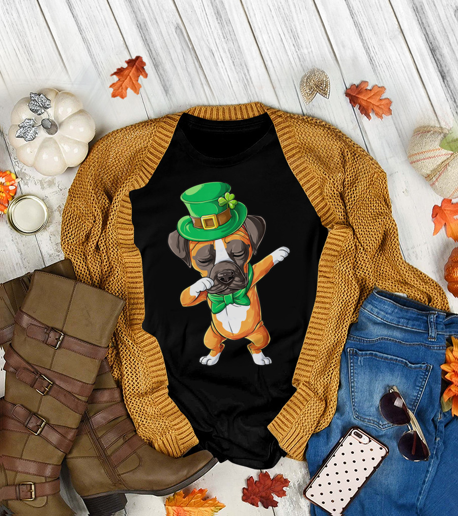 St Patricks Day Dabbing Leprechaun Boxer Dog Boys T-Shirt