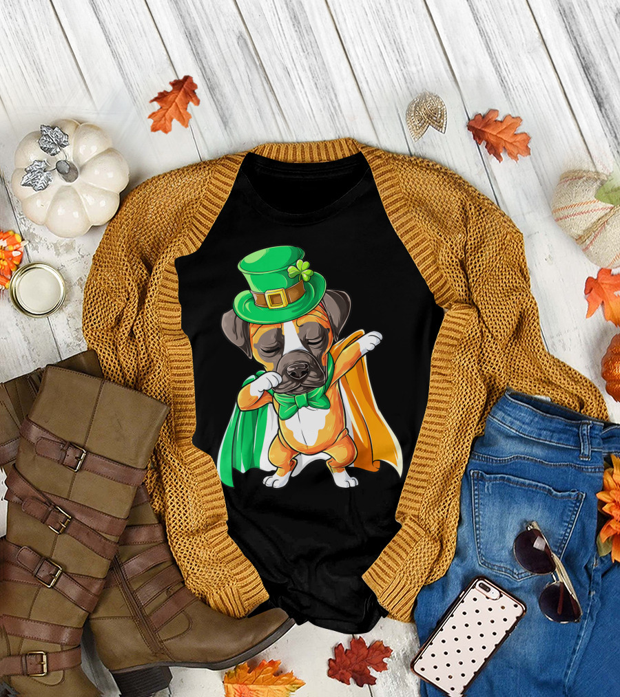 Dabbing Boxer Puppy St Patricks Day Leprechaun Costume Irish Flag T-Shirt