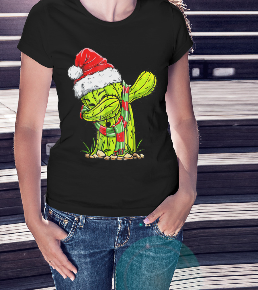 Dabbing Cactus Santa Christmas Hat And Scarf T-Shirt