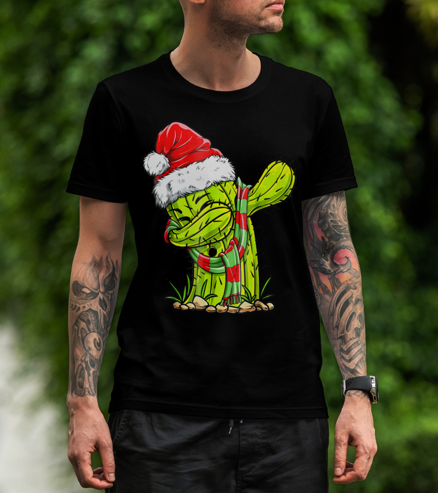 Dabbing Cactus Santa Christmas Hat And Scarf T-Shirt