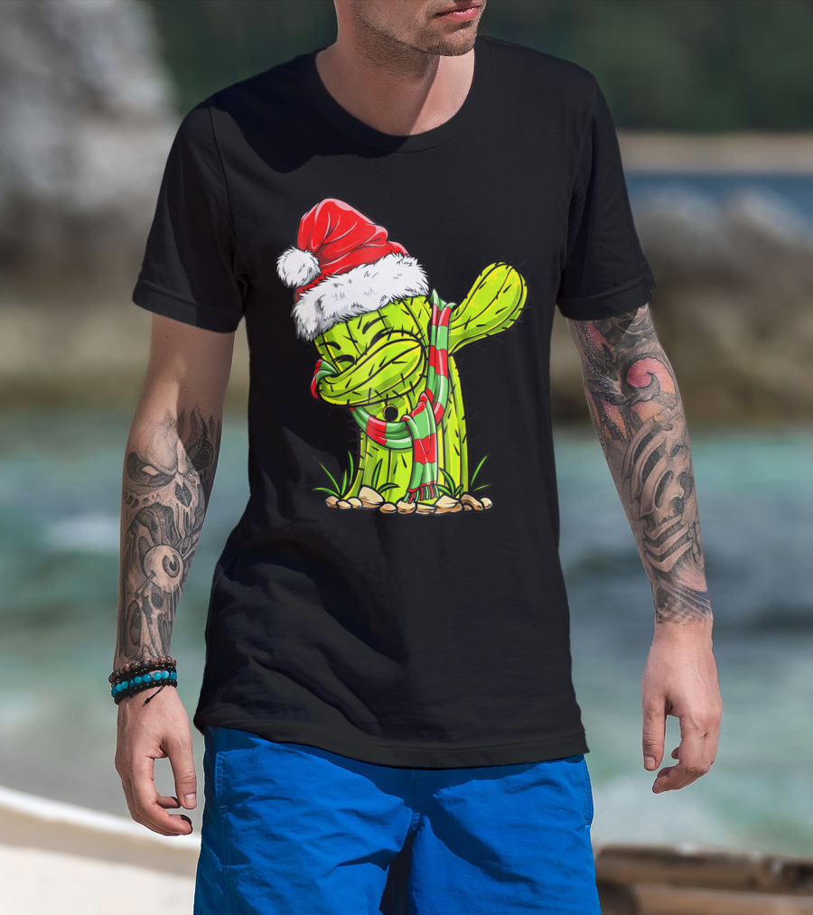 Dabbing Cactus Santa Christmas Hat And Scarf T-Shirt