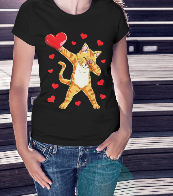 Cute Dabbing Cat With Hearts For Valentine's Day Kitten Lovers T-Shirt