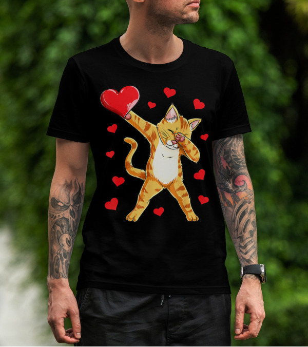 Cute Dabbing Cat With Hearts For Valentine's Day Kitten Lovers T-Shirt