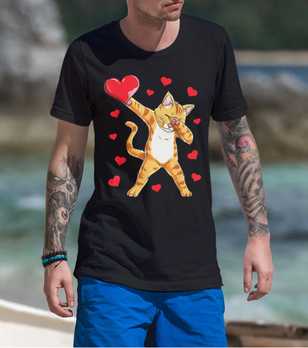 Cute Dabbing Cat With Hearts For Valentine's Day Kitten Lovers T-Shirt