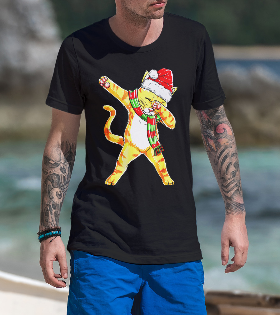 Dabbing Cat Santa With Festive Hat And Scarf T-Shirt