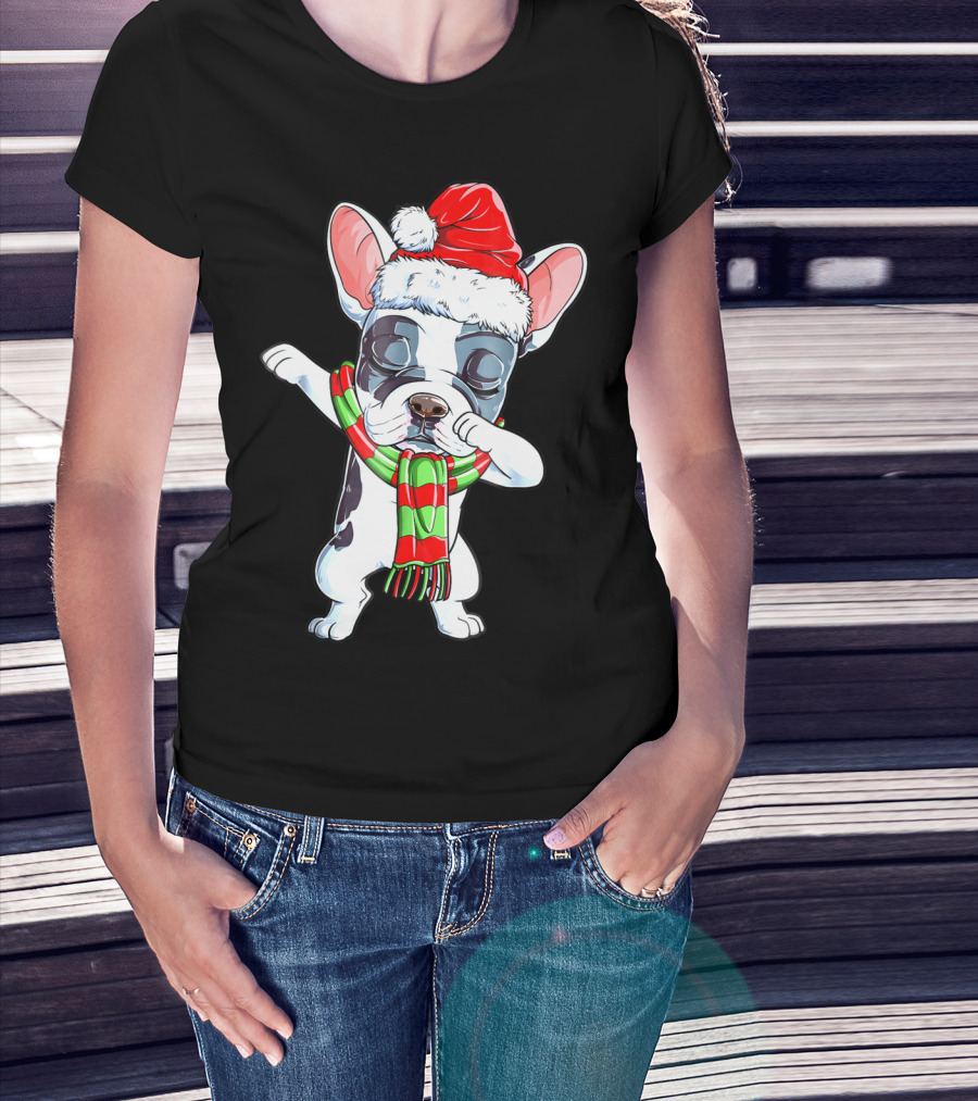 Dabbing French Bulldog Santa Christmas Scarf T-Shirt