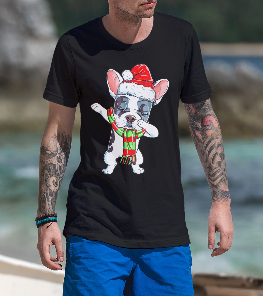 Dabbing French Bulldog Santa Christmas Scarf T-Shirt