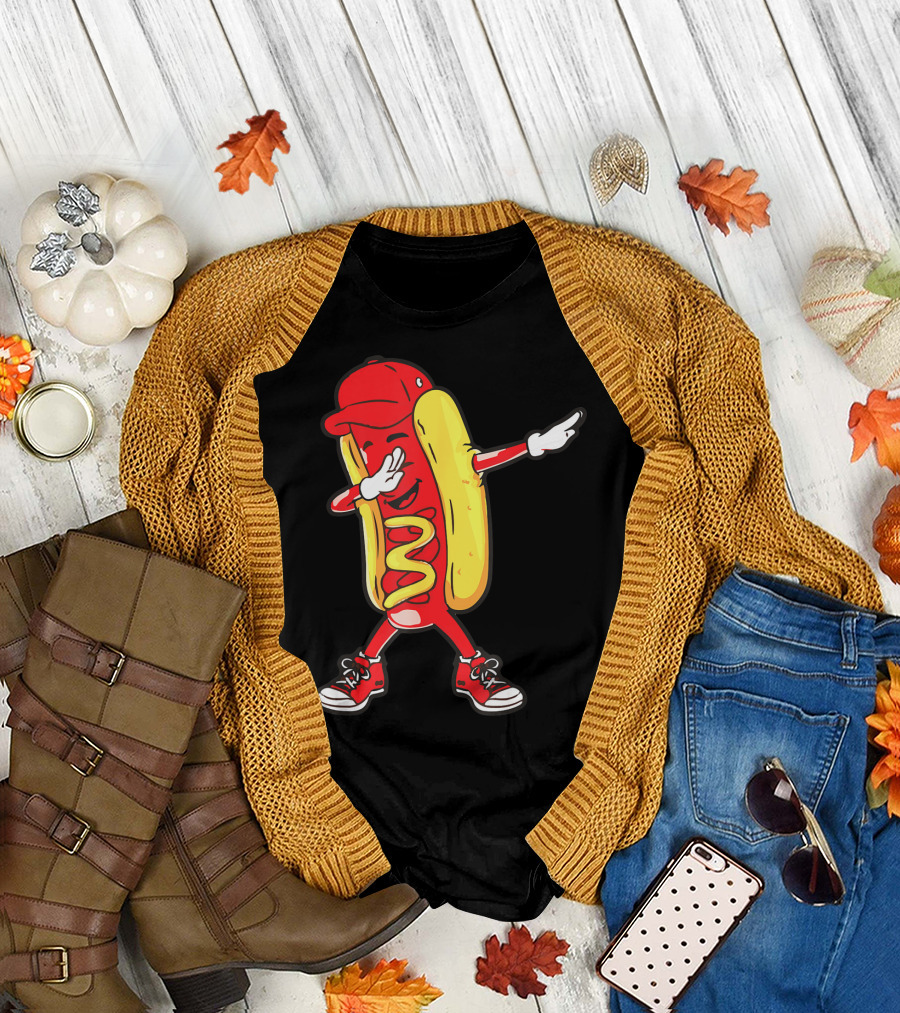 Dabbing Hot Dog Hip Hop Dance With Cap And Sneakers T-Shirt