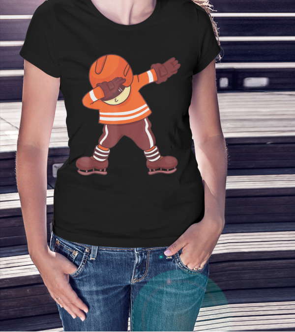 Dabbing Ice Hockey Player In Orange Gear With Striped Legs T-Shirt