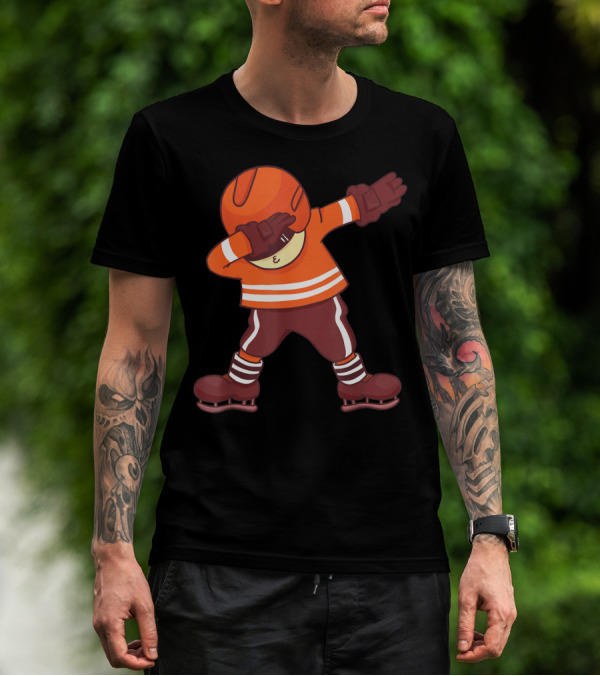 Dabbing Ice Hockey Player In Orange Gear With Striped Legs T-Shirt
