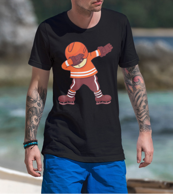 Dabbing Ice Hockey Player In Orange Gear With Striped Legs T-Shirt