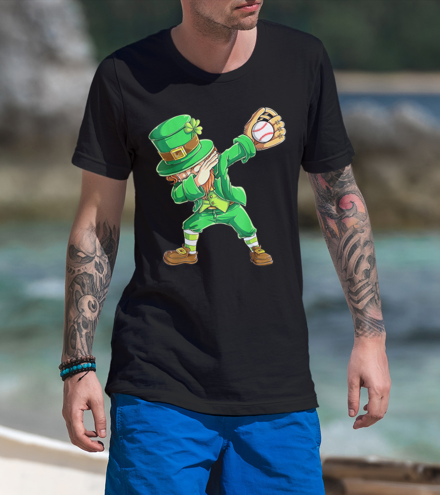 Dabbing Leprechaun Holding Baseball Glove T-Shirt