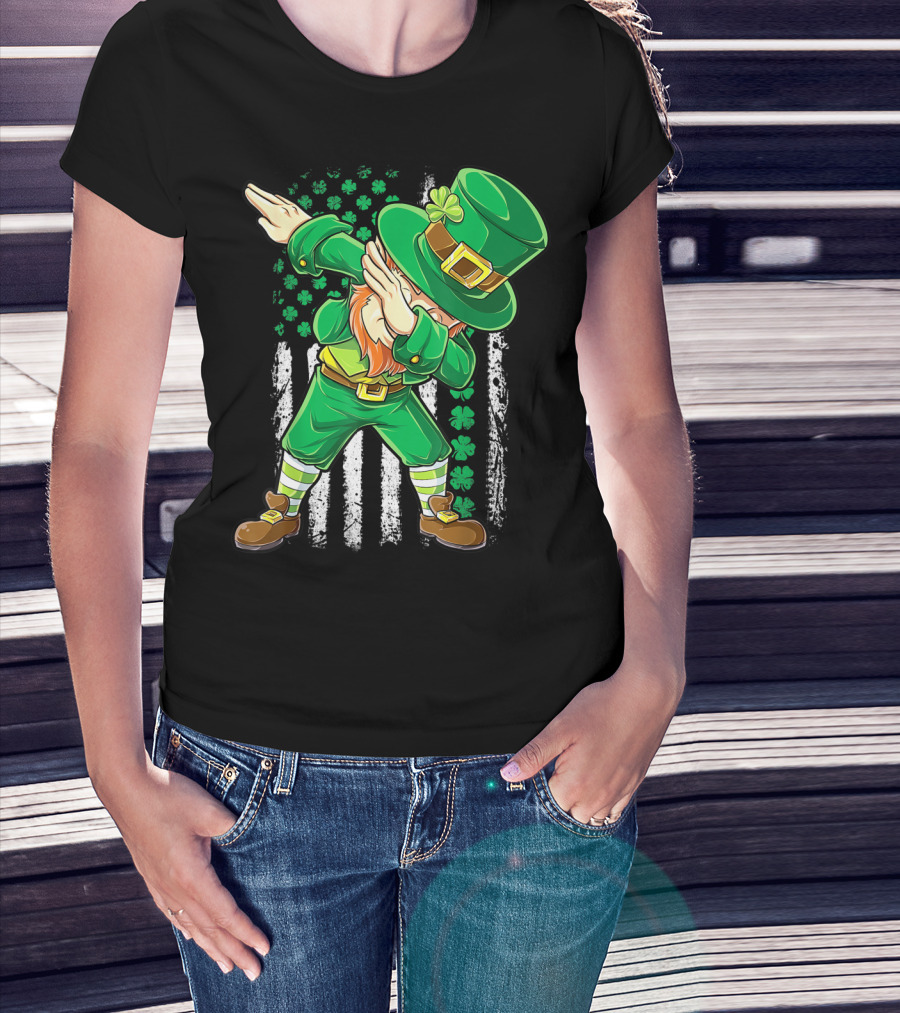 Dabbing Leprechaun With Irish American Flag Background And Shamrocks T-Shirt