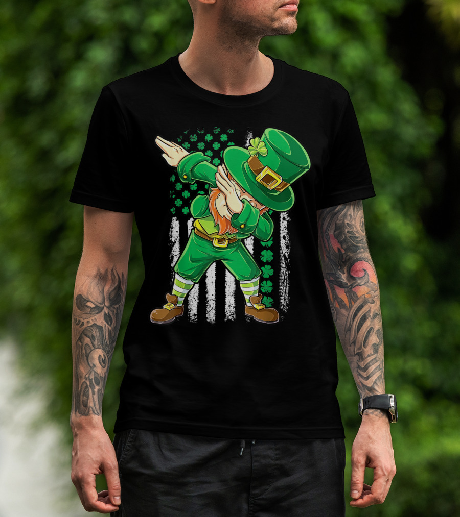 Dabbing Leprechaun With Irish American Flag Background And Shamrocks T-Shirt