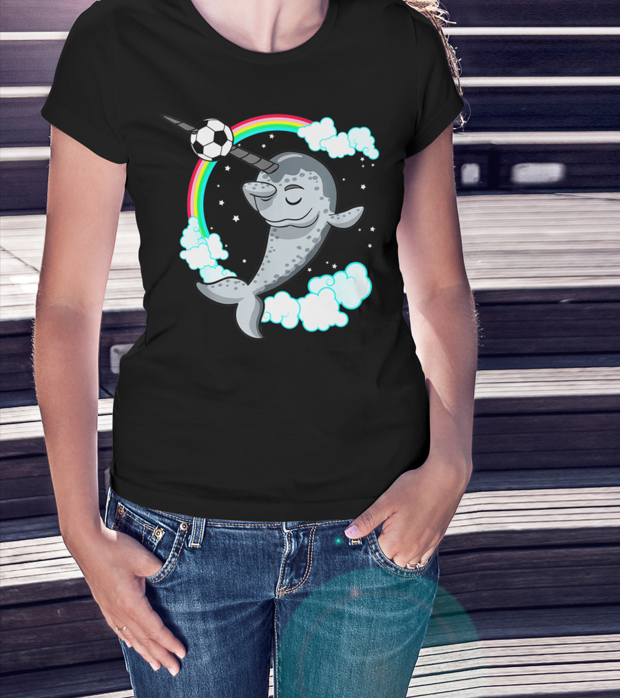 Dabbing Narwhal Soccer Rainbow Clouds Stars T-Shirt