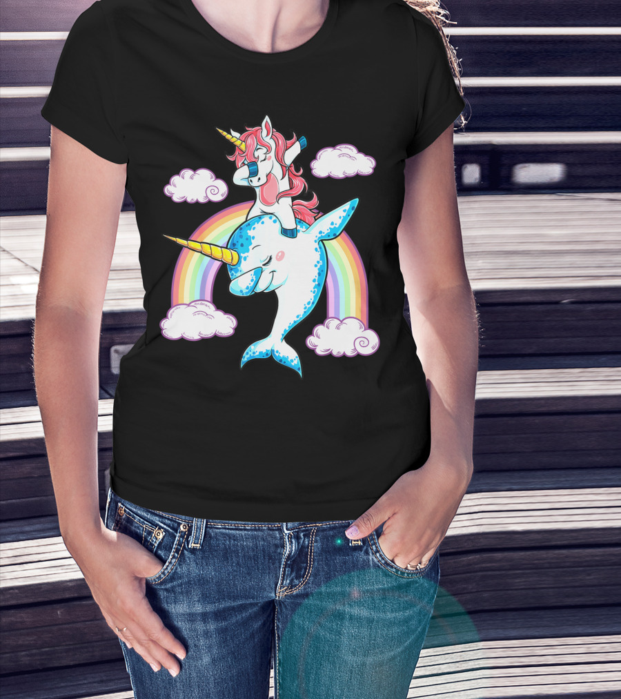 Dabbing Narwhal Unicorn Kids Rainbow Clouds Dab Squad T-Shirt
