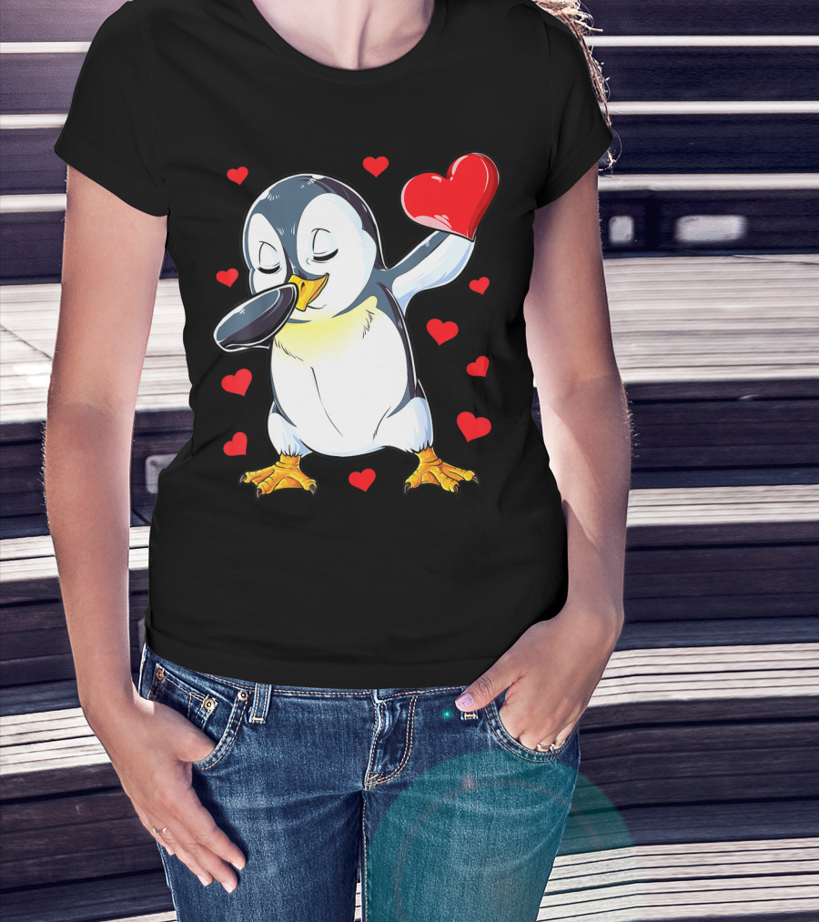 Dabbing Penguin Holding Heart Surrounded By Valentine Hearts T-Shirt