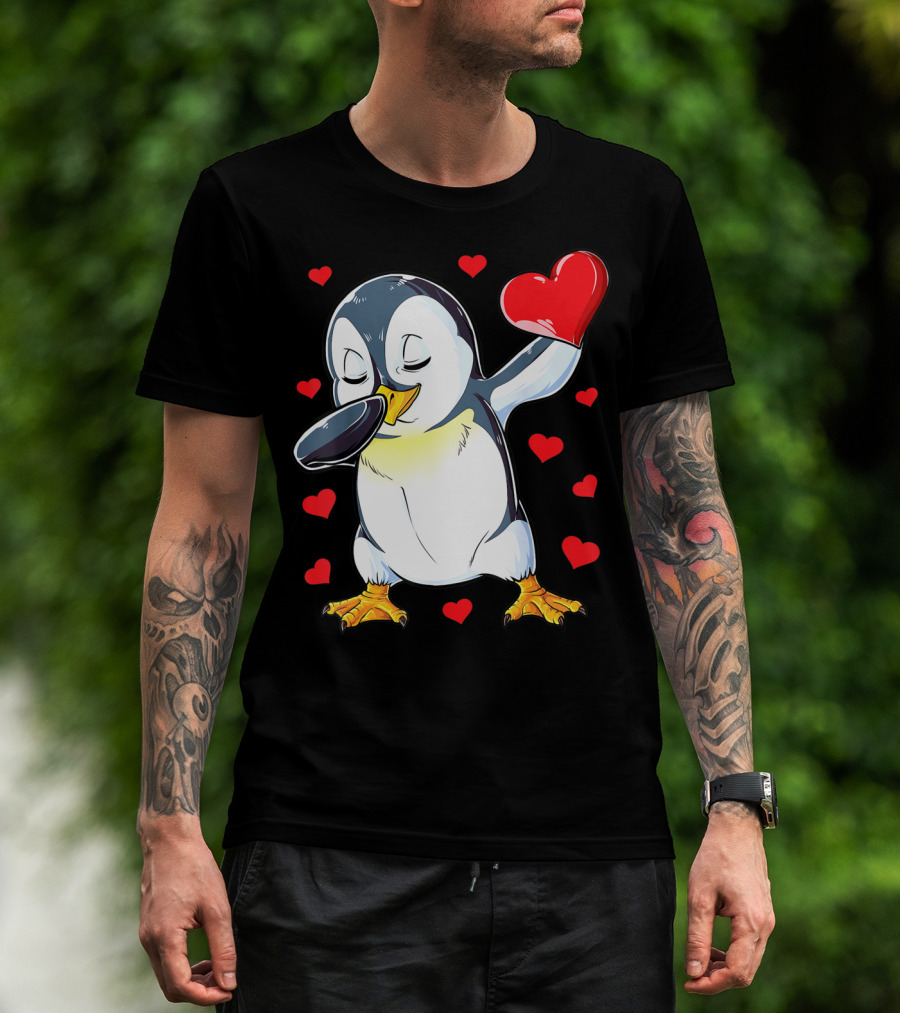 Dabbing Penguin Holding Heart Surrounded By Valentine Hearts T-Shirt