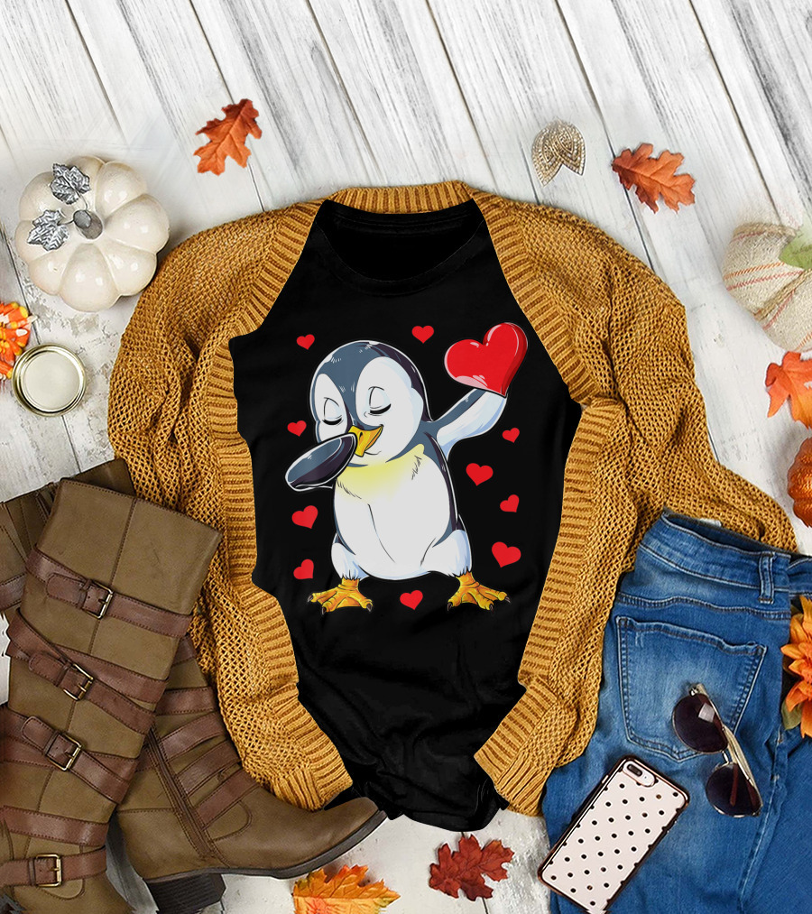 Dabbing Penguin Holding Heart Surrounded By Valentine Hearts T-Shirt