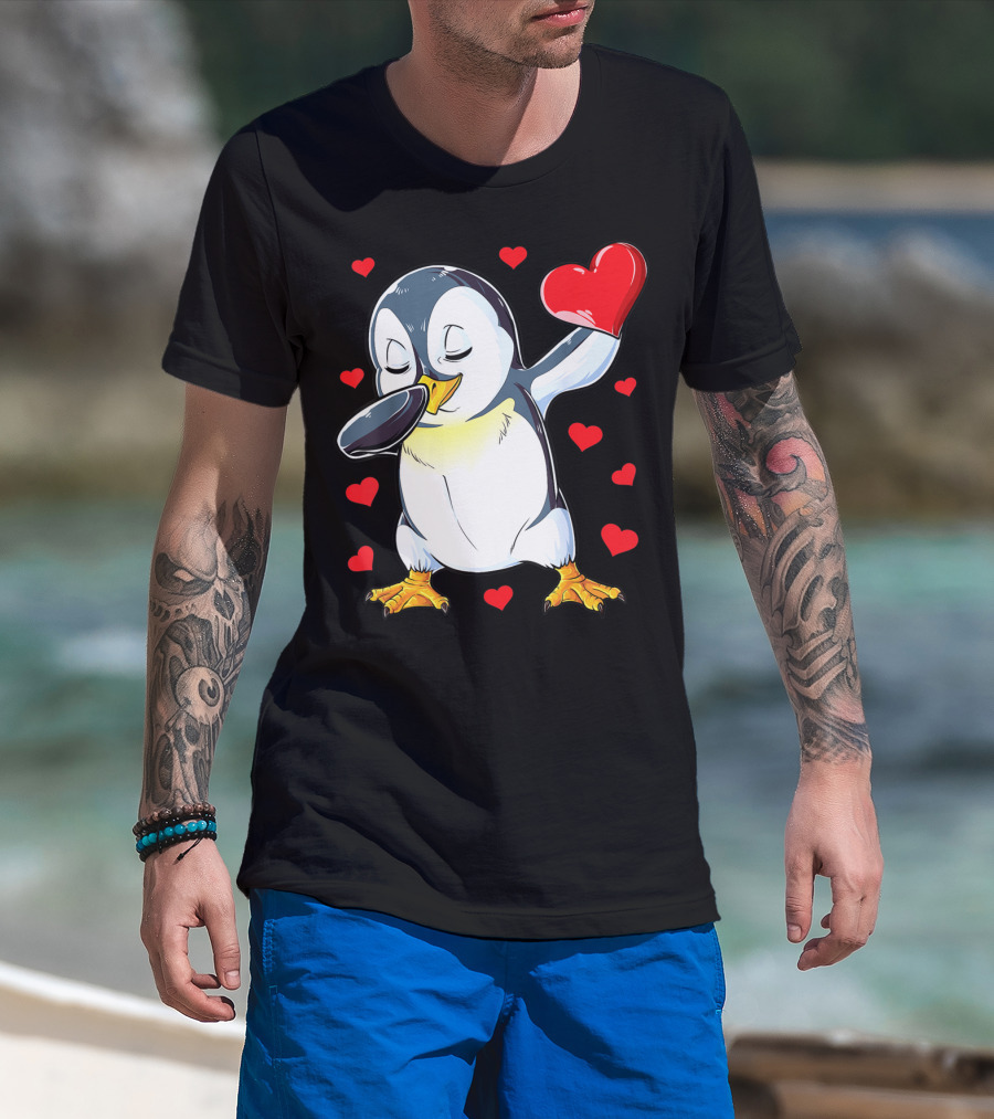 Dabbing Penguin Holding Heart Surrounded By Valentine Hearts T-Shirt