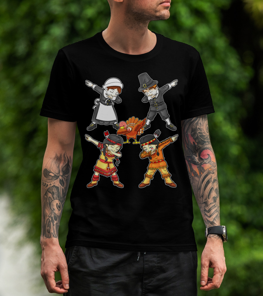 Dabbing Pilgrim And Native American Characters With Turkey T-Shirt