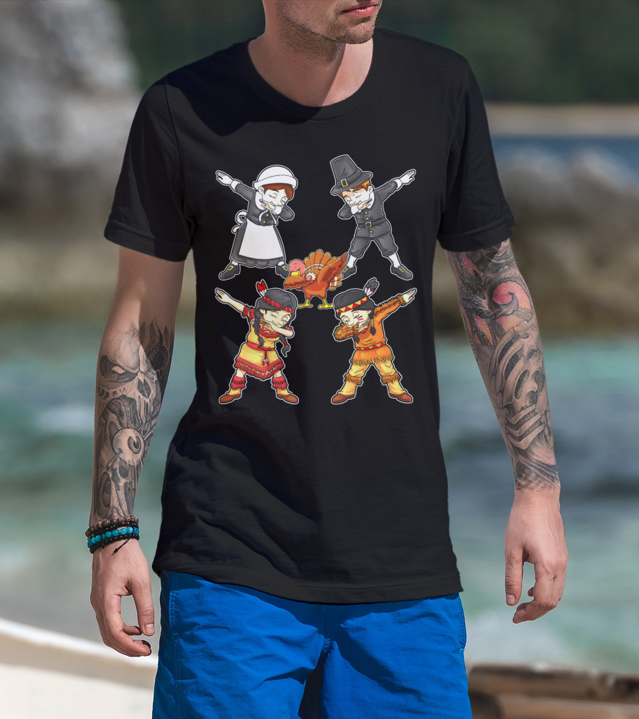 Dabbing Pilgrim And Native American Characters With Turkey T-Shirt