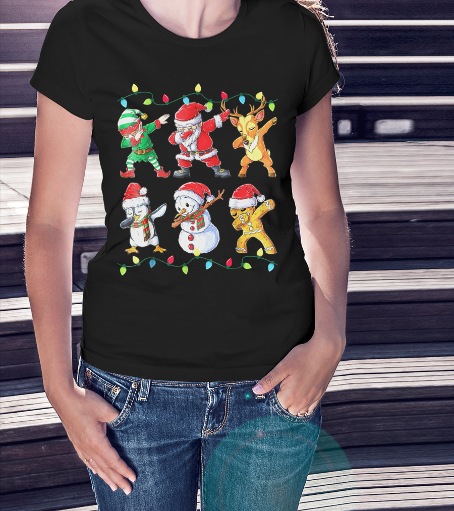 Santa Elf Reindeer Snowman Penguin Gingerbread Dabbing Friends T-Shirt