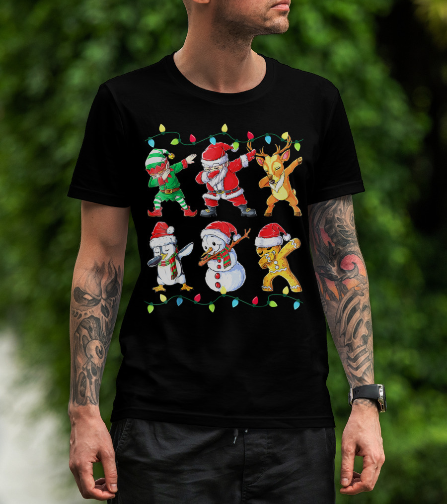 Santa Elf Reindeer Snowman Penguin Gingerbread Dabbing Friends T-Shirt