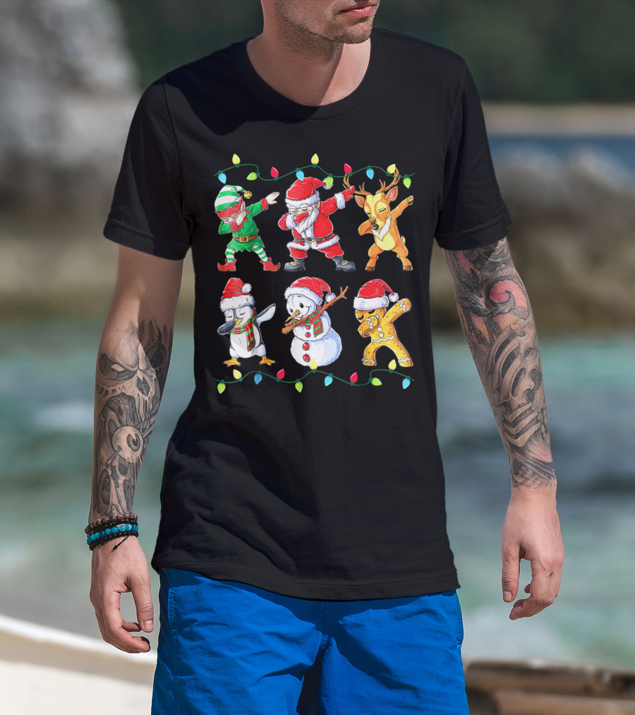 Santa Elf Reindeer Snowman Penguin Gingerbread Dabbing Friends T-Shirt