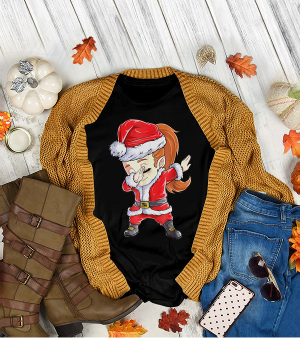 Dabbing Santa Christmas Girls Red Suit White Fur Black Boots T-Shirt
